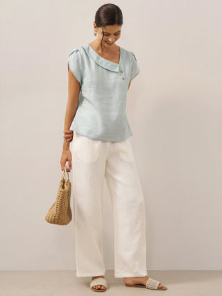 100% Linen Crescent Collar Flutter Sleeve Top FARA