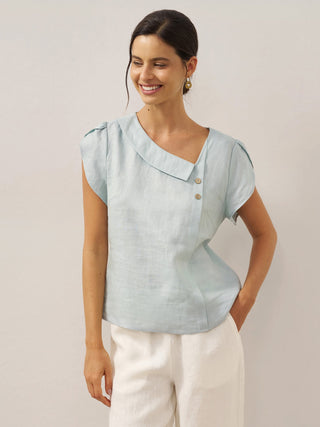 100% Linen Crescent Collar Flutter Sleeve Top FARA