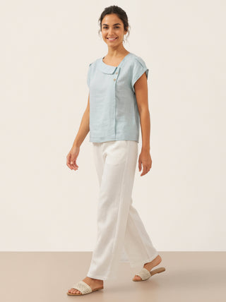 LINTICO aqua blue 100% linen crescent collar flutter sleeve top, stylish blouse with relaxed fit and elegant design.
