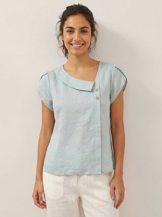 Aqua blue linen top with a crescent collar and flutter sleeves, by LINTICO, featuring a relaxed, stylish blouse design.