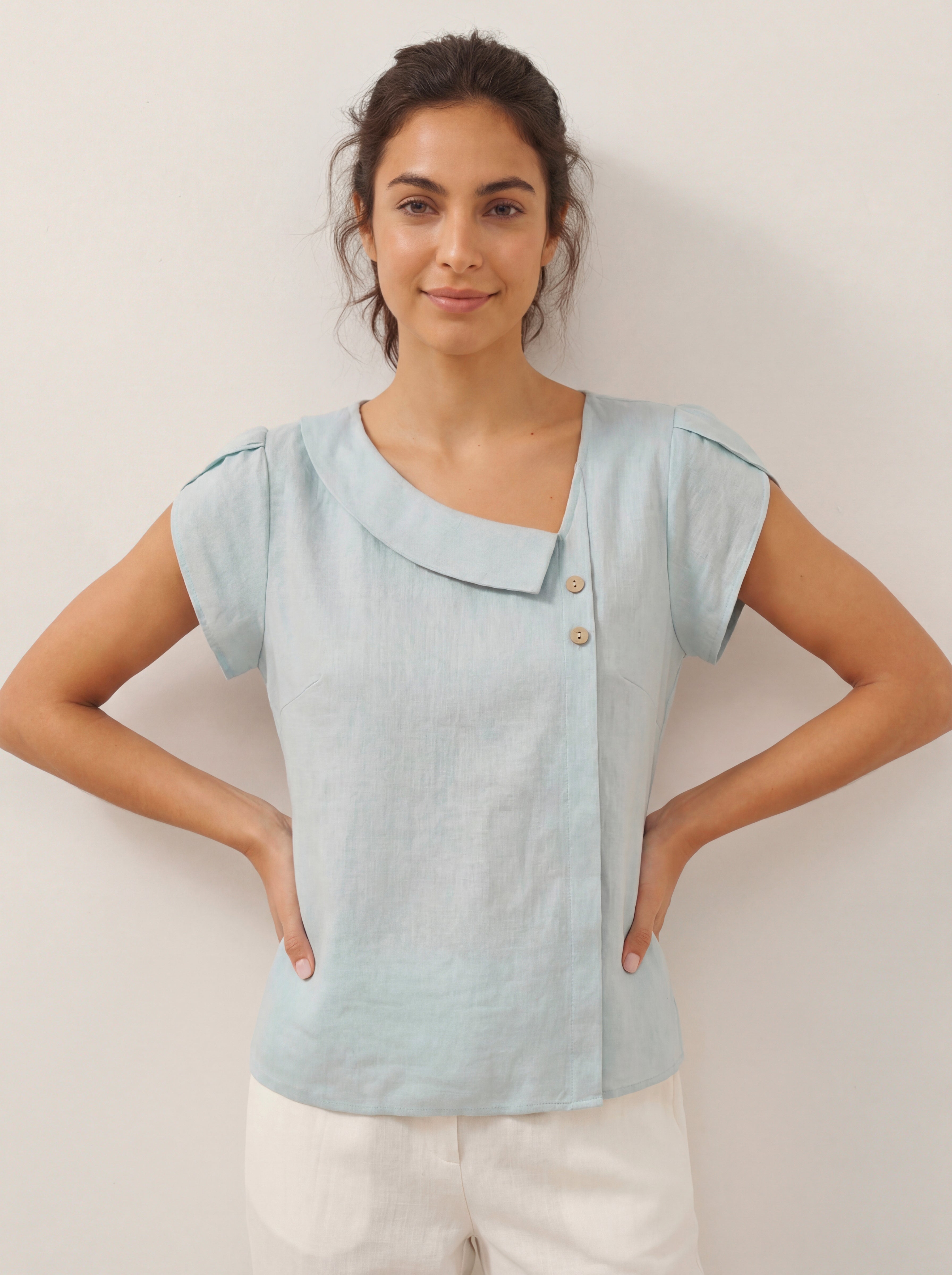 LINTICO aqua blue linen top with crescent collar and flutter sleeves, casual blouse for women.