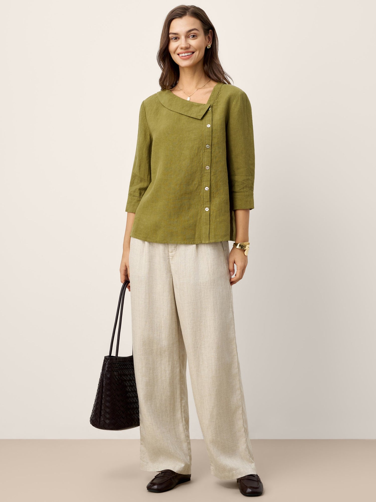 100% Linen Crescent Neck Button Detail 3/4 Sleeve Top ADALYN - Glamourous Grace