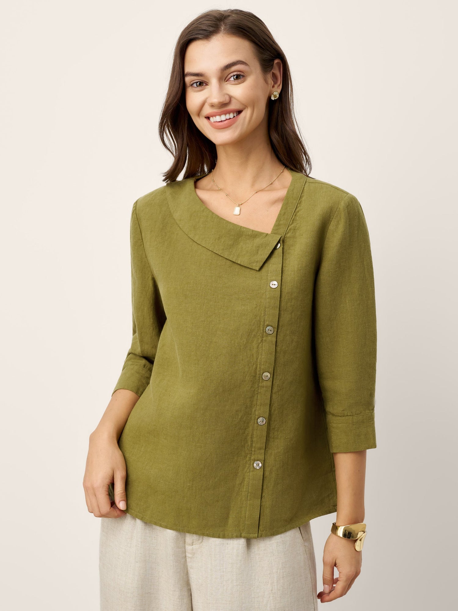 100% Linen Crescent Neck Button Detail 3/4 Sleeve Top ADALYN - Glamourous Grace