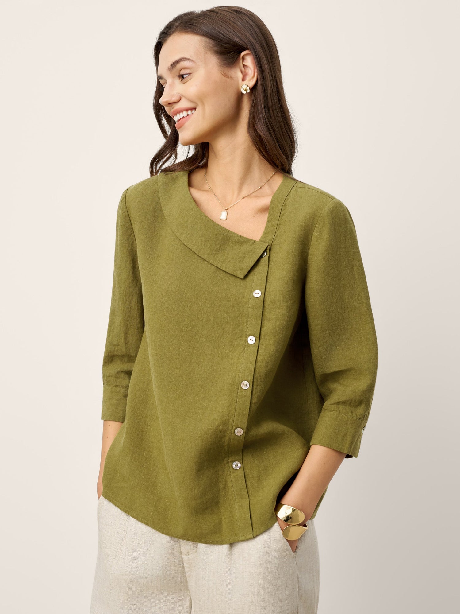 100% Linen Crescent Neck Button Detail 3/4 Sleeve Top ADALYN - Glamourous Grace