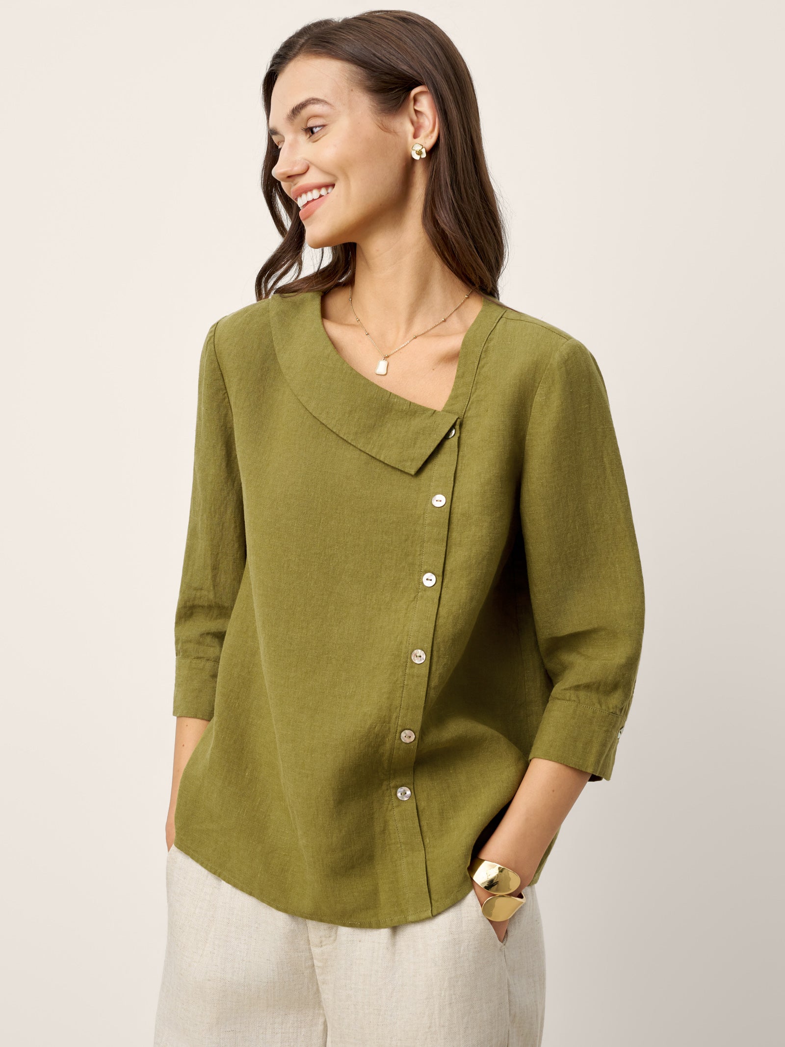 100% Linen Crescent Neck Button Detail 3/4 Sleeve Top ADALYN - Glamourous Grace