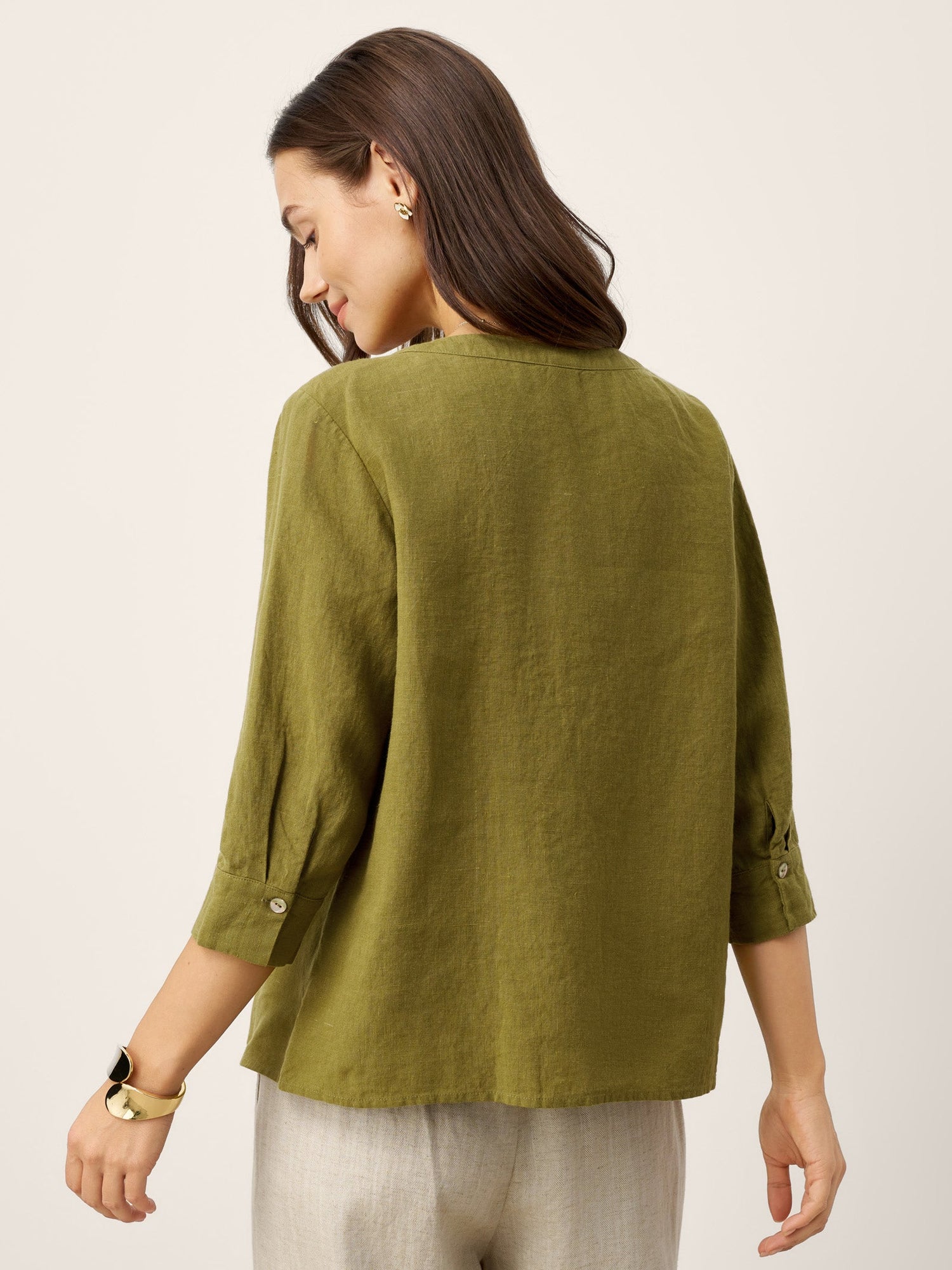 100% Linen Crescent Neck Button Detail 3/4 Sleeve Top ADALYN - Glamourous Grace