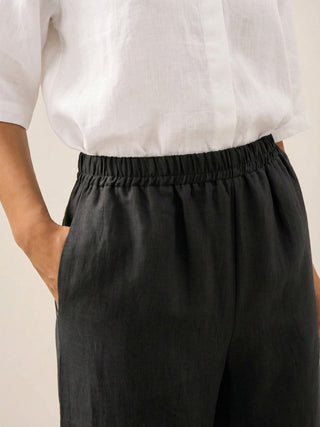 LINTICO 100% linen crop pants RORY in charcoal black, lightweight casual bottoms with a relaxed fit and cropped length