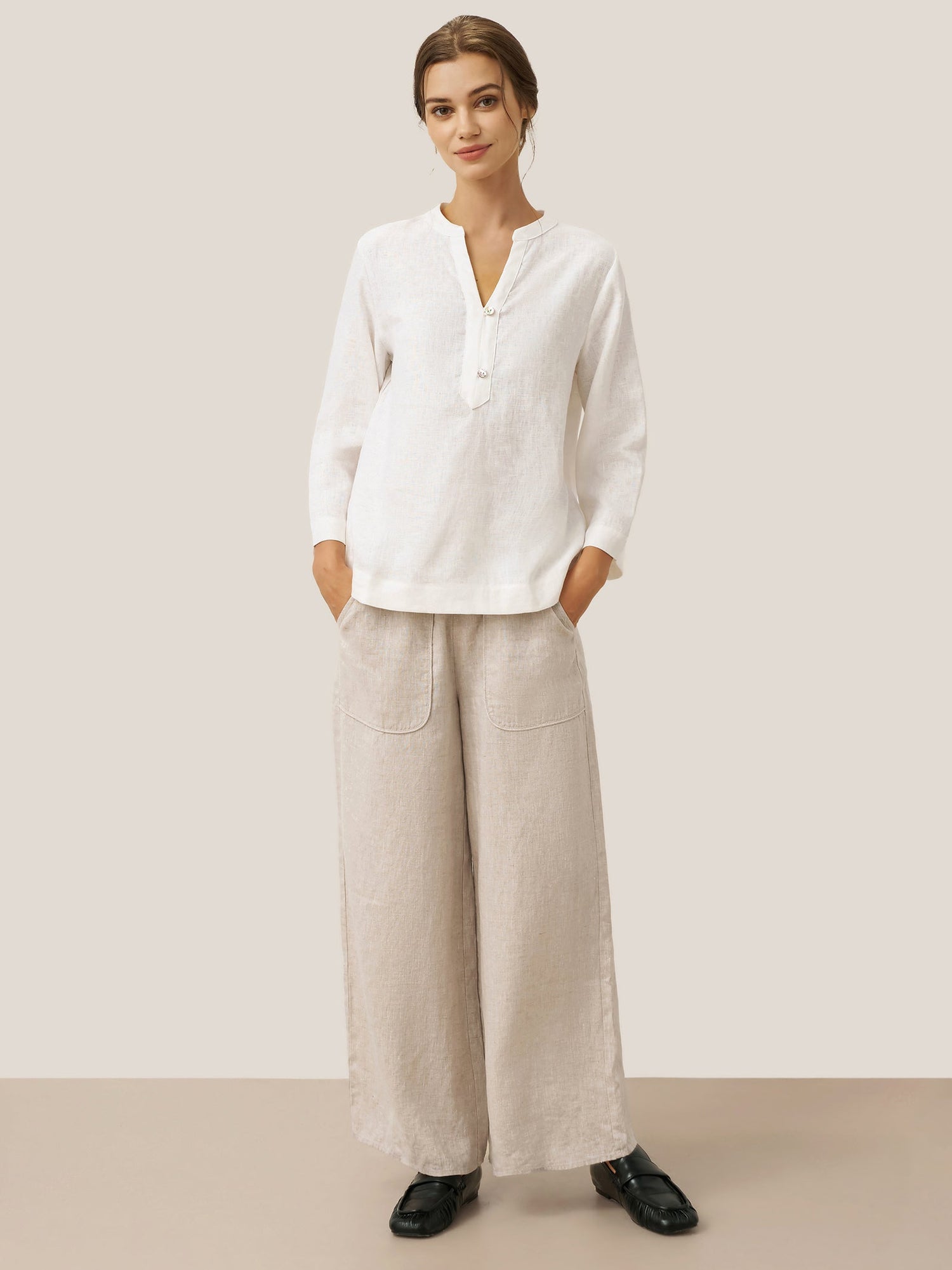 100% Linen Deep V-Neck Pullover with Button-Trim JOLYNE - Glamourous Grace