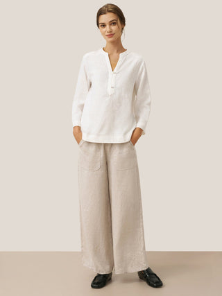 100% Linen Deep V-Neck Pullover with Button-Trim JOLYNE
