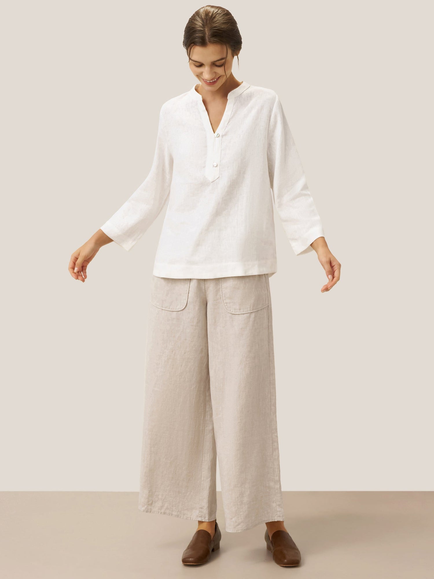100% Linen Deep V-Neck Pullover with Button-Trim JOLYNE - Glamourous Grace