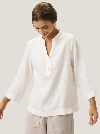 100% Linen Deep V-Neck Pullover with Button-Trim JOLYNE - Glamourous Grace