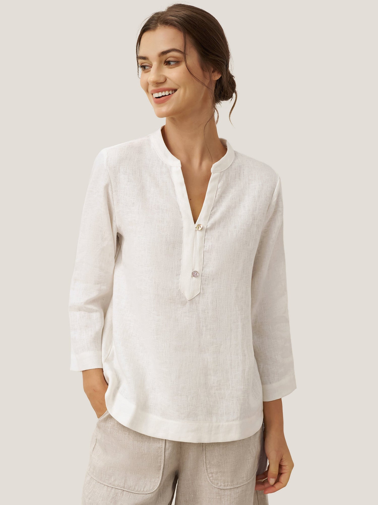 100% Linen Deep V-Neck Pullover with Button-Trim JOLYNE - Glamourous Grace