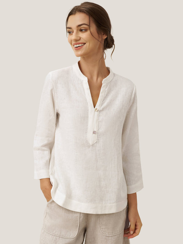 100% Linen Deep V-Neck Pullover with Button-Trim JOLYNE - Glamourous Grace