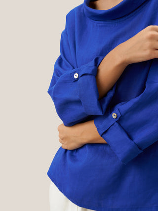 Royal blue linen draped neck top by LINTICO, stylish blouse with relaxed fit and elegant design for casual or dressy wear.