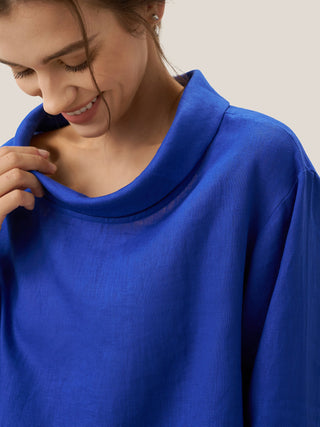 Royal blue linen draped neck top by LINTICO, stylish blouse with relaxed fit, perfect for casual or professional wear.
