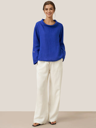 Royal blue 100% linen draped neck top by LINTICO, stylish blouse with relaxed fit, perfect for casual or office wear.