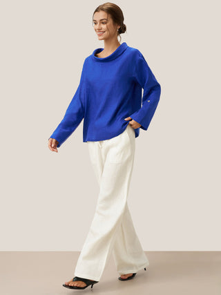 Royal blue linen draped neck top by LINTICO, stylish blouse with relaxed fit and elegant design.