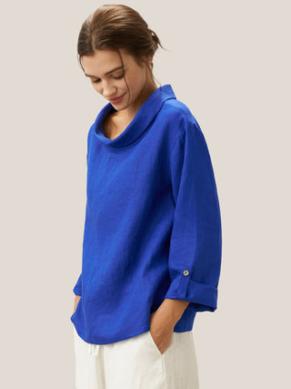 Royal blue linen draped neck top by LINTICO, stylish and lightweight blouse perfect for casual or dressy occasions.
