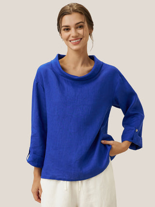 Royal blue linen draped neck top by LINTICO, stylish blouse with relaxed fit, perfect for casual or office wear.