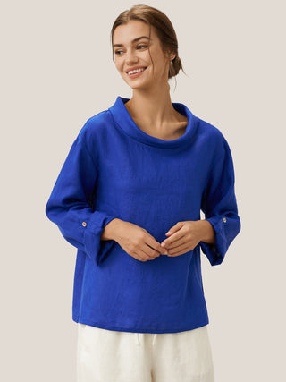 Royal blue linen draped neck top by LINTICO, stylish blouse with relaxed fit, perfect for casual or elegant outfits.