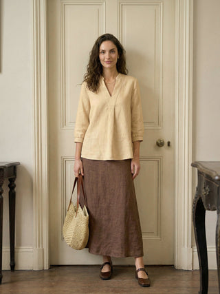 Yellow linen dress shirt Joanna by LINTICO, lightweight top with a relaxed fit, button-down front and short sleeves.