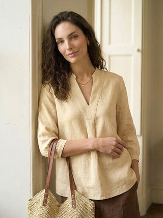 LINTICO Joanna 100% linen dress shirt in butter yellow, lightweight blouse with a relaxed fit and classic collar.