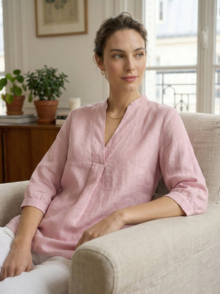 Light pink linen dress shirt from LINTICO's Joanna collection, featuring a relaxed fit and breathable fabric, perfect for casual wear.