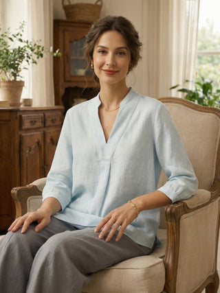 LINTICO Joanna 100% linen dress shirt in mist blue, stylish blouse with a relaxed fit and classic collar, perfect for casual wear.