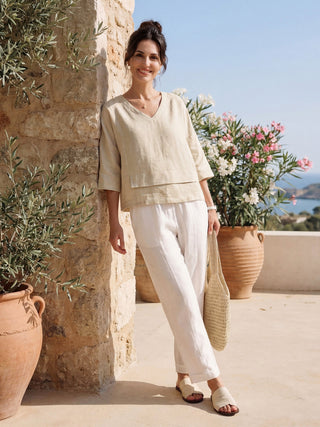 LINTICO 100% linen drop shoulder layered hem overtop in natural melange, casual long-sleeve shirt with asymmetric design.