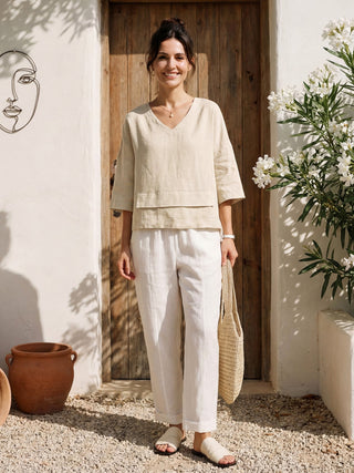 LINTICO 100% linen drop shoulder asymmetric layered hem overtop in natural melange, casual and stylish women's linen shirt.