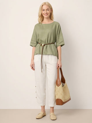 100% Linen Drop Shoulder Shirred Back High-Low Hem Top LINDSEY - Glamourous Grace