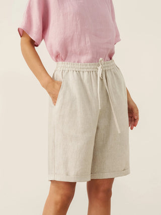 LINTICO 100% linen elastic waist drawstring capri pants in natural linen fabric, casual and breathable for warm weather.
