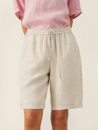 LINTICO 100% linen elastic drawstring waist capri pants in natural linen, casual and breathable bottoms for warm weather.
