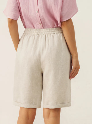 LINTICO 100% linen elastic drawstring waist capri pants in natural linen, lightweight and comfortable for casual wear.
