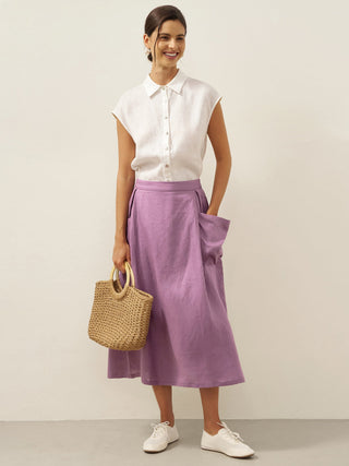 Linen checked elastic waist skirt from LINTICO in dusty lavender, casual bottom with a comfortable fit and stylish design.