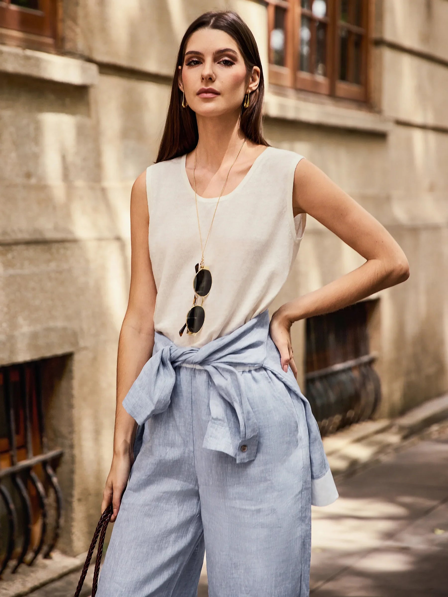 100% Linen Elastic Waist Straight-Leg Trousers JOURDAN - Glamourous Grace