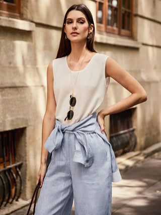 100% Linen Elastic Waist Straight-Leg Trousers JOURDAN - Glamourous Grace