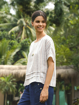 100% Linen Pleated Striped Pullover Top VIA - Glamourous Grace