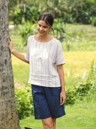 100% Linen Pleated Striped Pullover Top VIA - Glamourous Grace