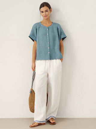 100% Linen Embroidered Elastic Waist Pants FENE - Glamourous Grace
