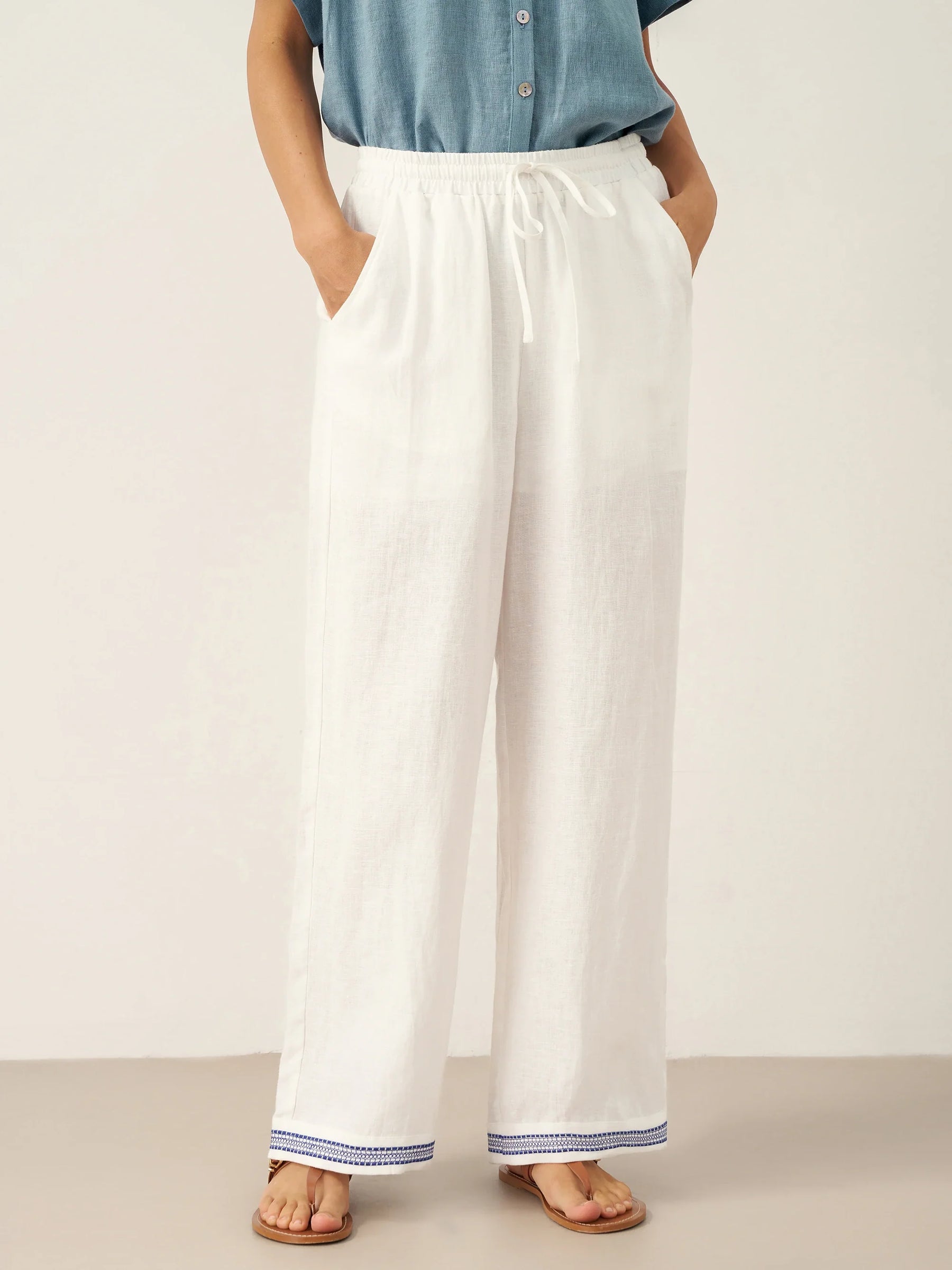 100% Linen Embroidered Elastic Waist Pants FENE - Glamourous Grace