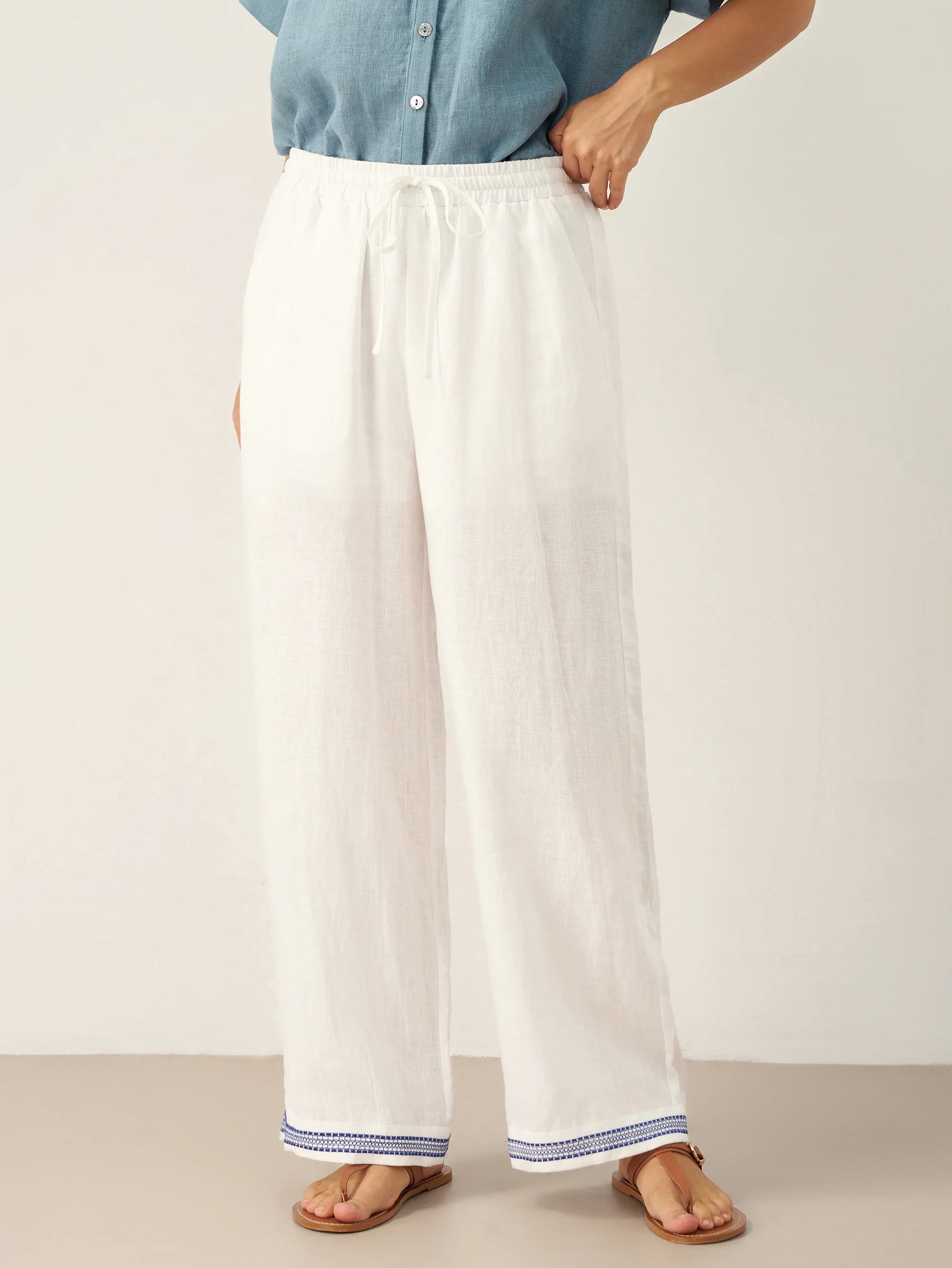 100% Linen Embroidered Elastic Waist Pants FENE - Glamourous Grace