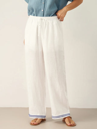 100% Linen Embroidered Elastic Waist Pants FENE - Glamourous Grace
