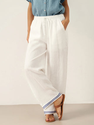 100% Linen Embroidered Elastic Waist Pants FENE - Glamourous Grace