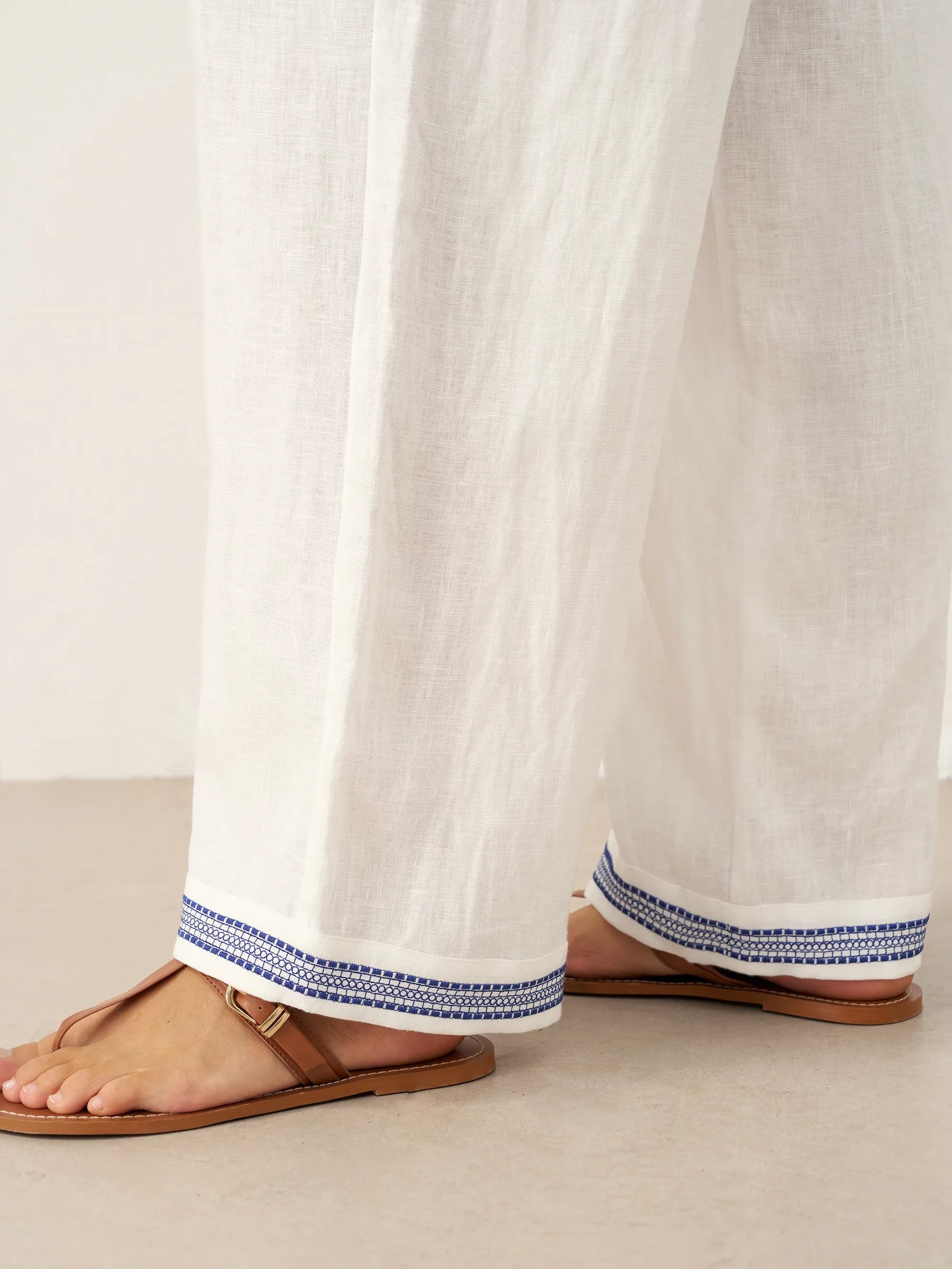 100% Linen Embroidered Elastic Waist Pants FENE - Glamourous Grace