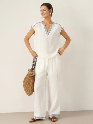 100% Linen Embroidered Elastic Waist Pants FENE - Glamourous Grace