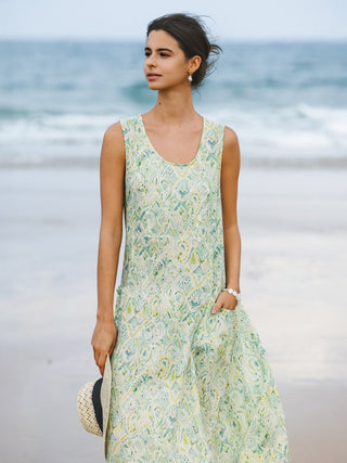 100% Linen Floral Swing Beach Tank Dress LORRAINE - Glamourous Grace