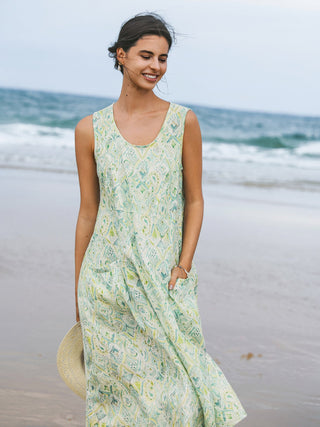 100% Linen Floral Swing Beach Tank Dress LORRAINE - Glamourous Grace