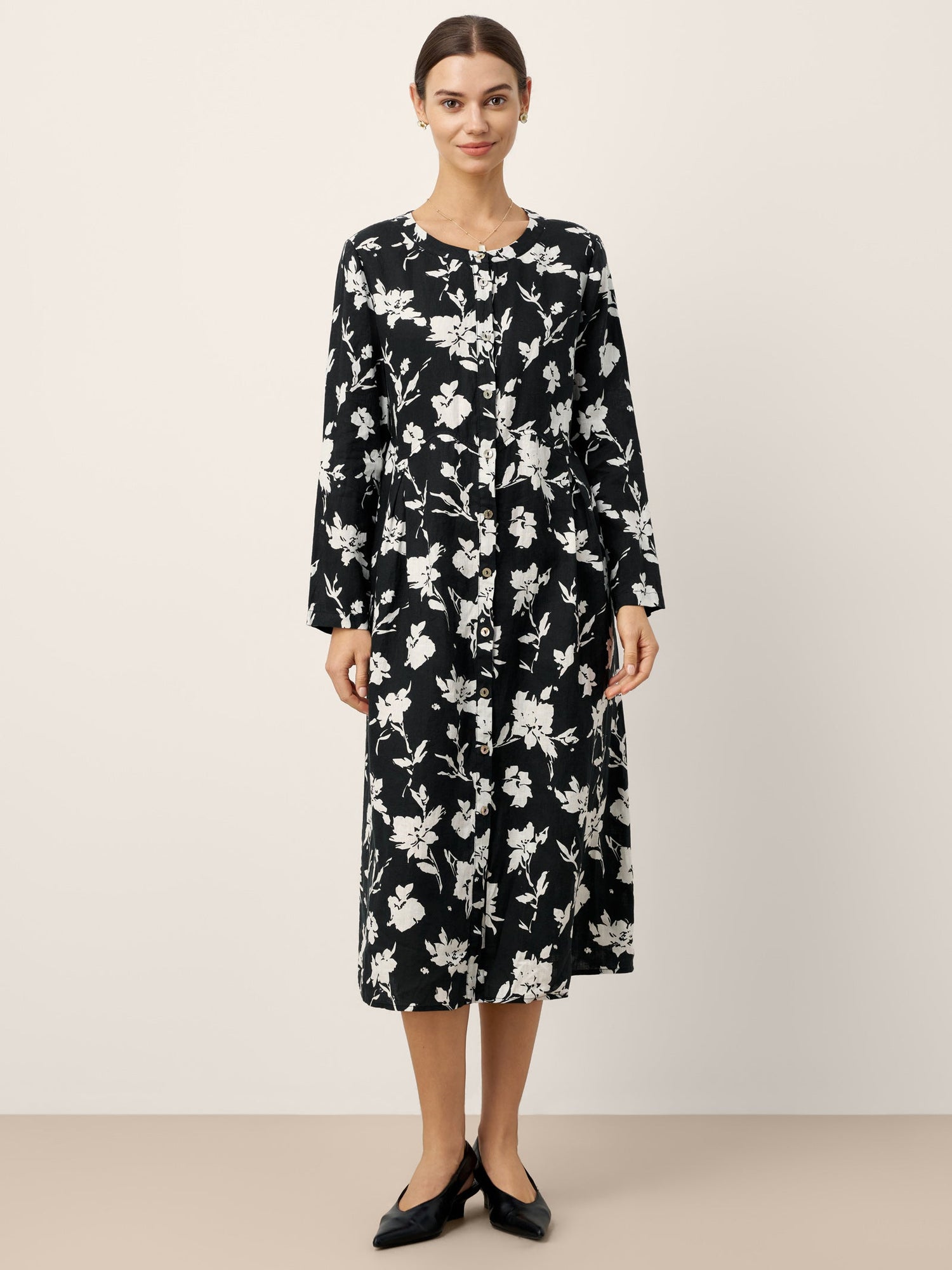 100% Linen Floral Printed Gathered Maxi Dress ELODIE - Glamourous Grace
