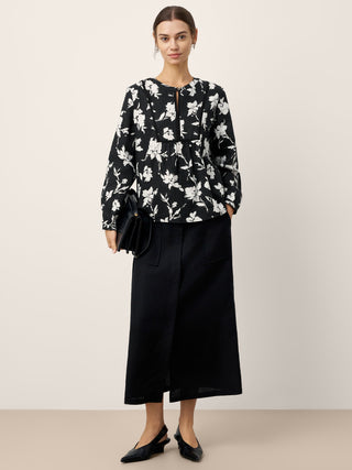 100% Linen Floral Printed Gathered Pullover Top AMIYA - Glamourous Grace